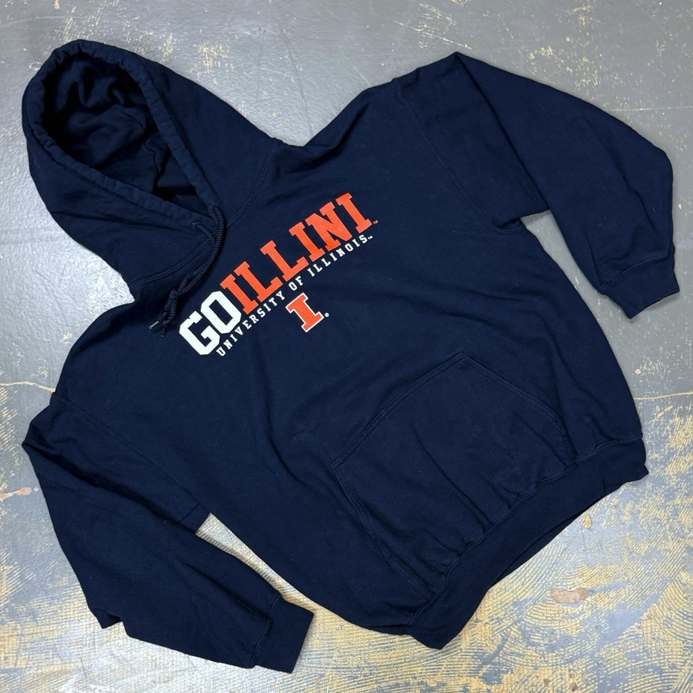 Illinois University Pull Over Hooded Sweater Large Navy Blue NCAA Illini
